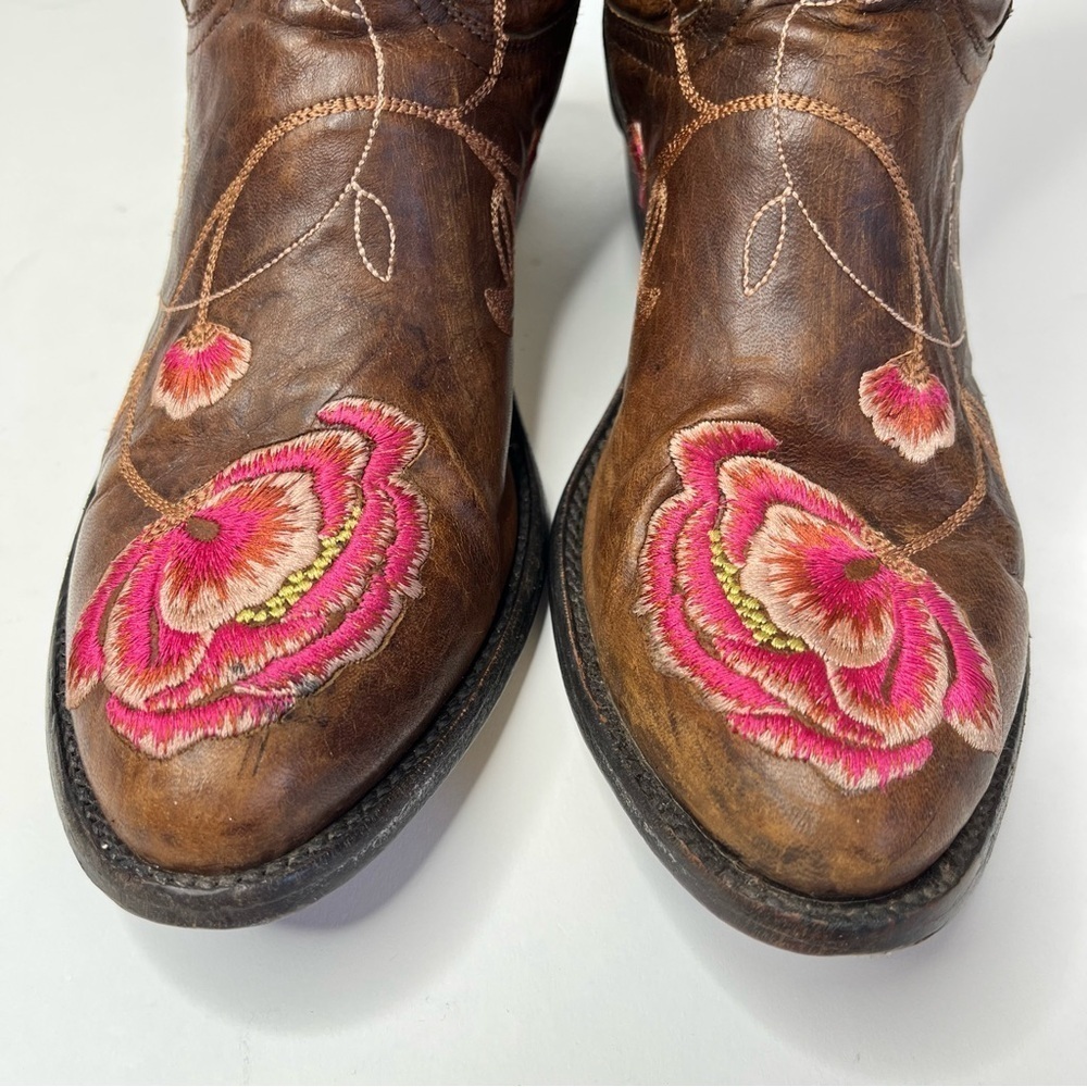 OLD GRINGO Abby Rose Pink Embroidered Floral Distressed Brown Cowboy Biker Boots - Picture 4 of 14